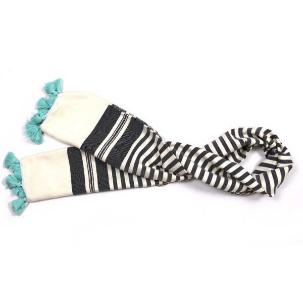 Moroccan black and white striped shawl with blue pompom-cotton shawl