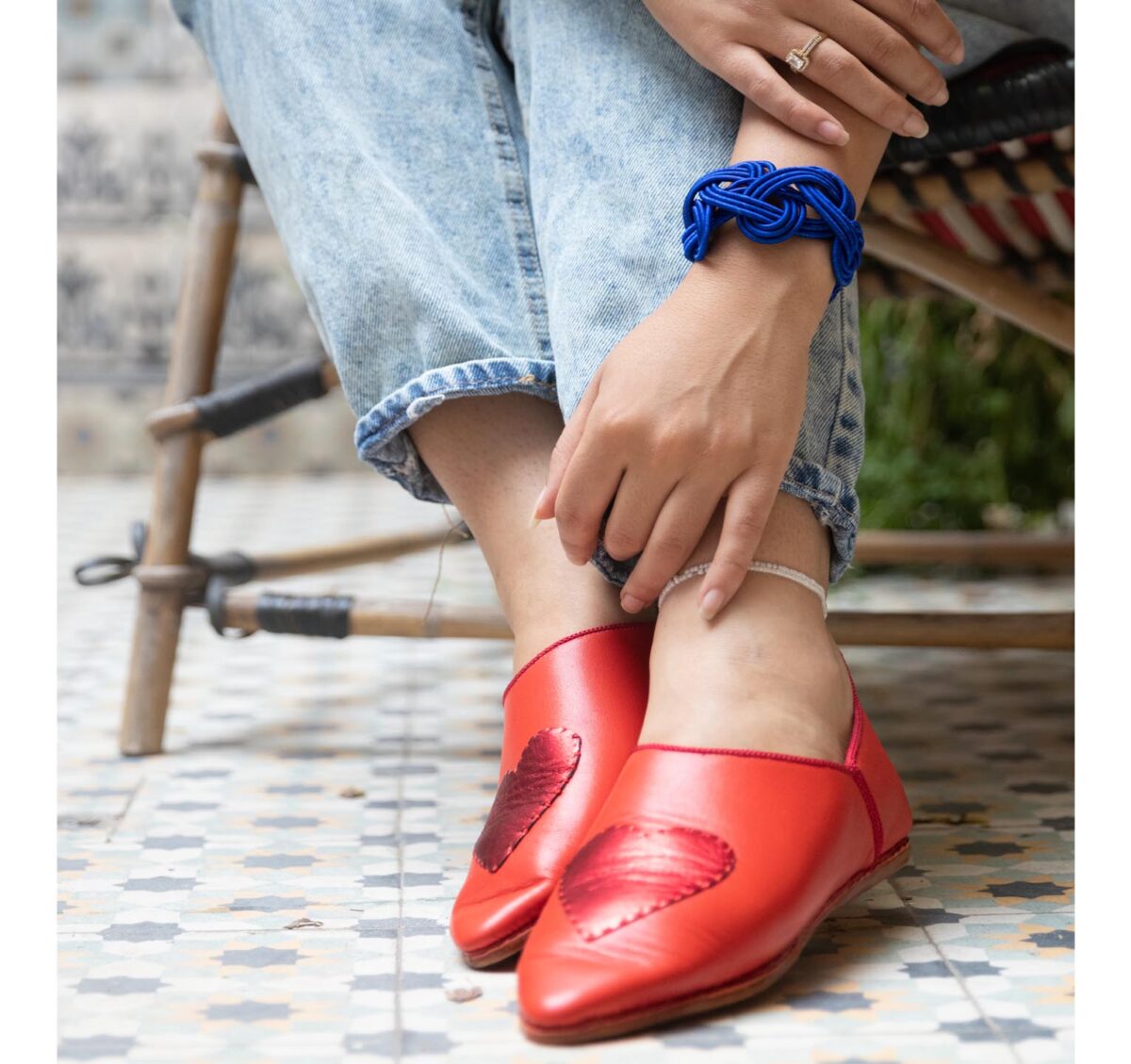 Great red slipper with glittery heart pattern with the sole. A modern adaptation of the Moroccan and Berber slipper. These slippers are entirely handmade in genuine leather embellished with sequins and embroidery. Materials