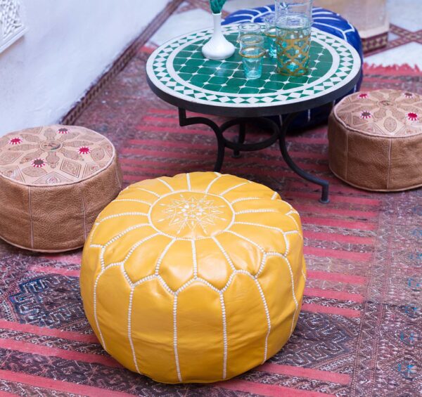 Yellow leather pouf