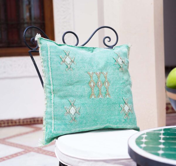 Turquoise Cactus silk pillow, Handmade sabra Embroidered cushion, Moroccan Decor Pillow 50×50 cm
