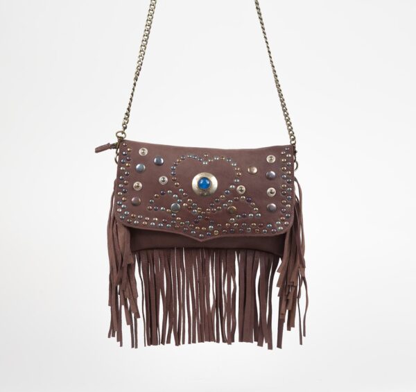 Dark brown fringed leather bag