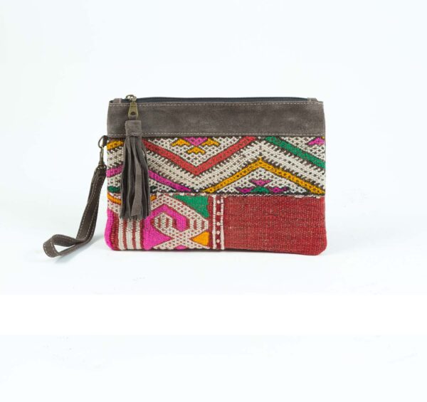 Kilim and leather pochette marron