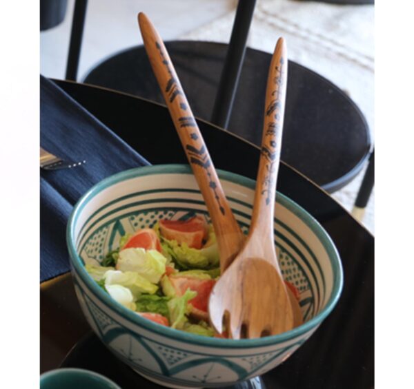 Ethnic patterns salad servers in olive wood