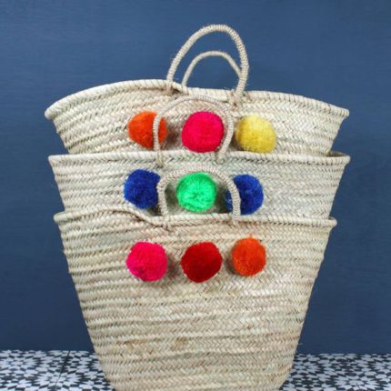 Palm leaves Basket / Bag with multicolored pom pom