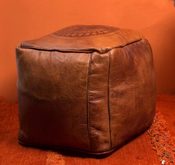 Engraved vintage leather pouf