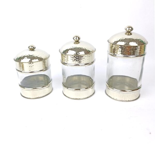 Set of three hammered boxes in nickel silver and glass